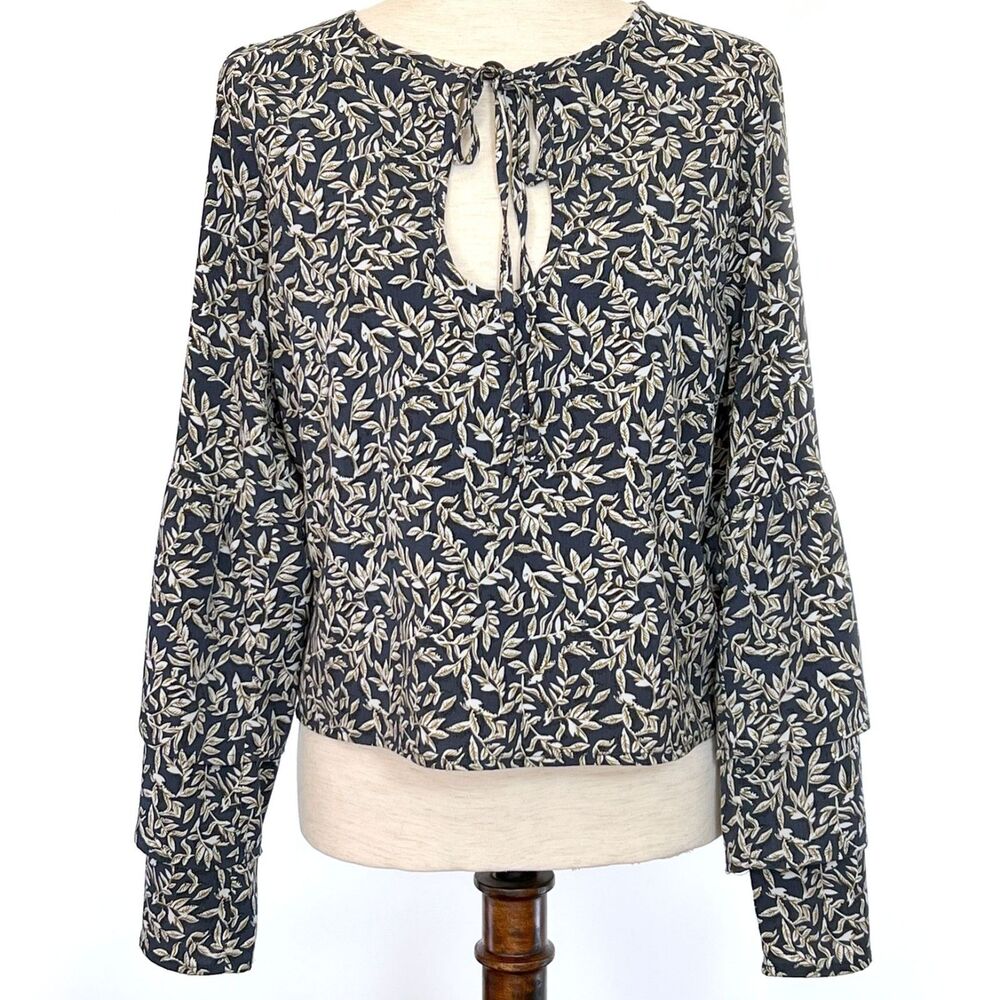 LUCCA Navy Leaf Print Bell Sleeve Crop Top